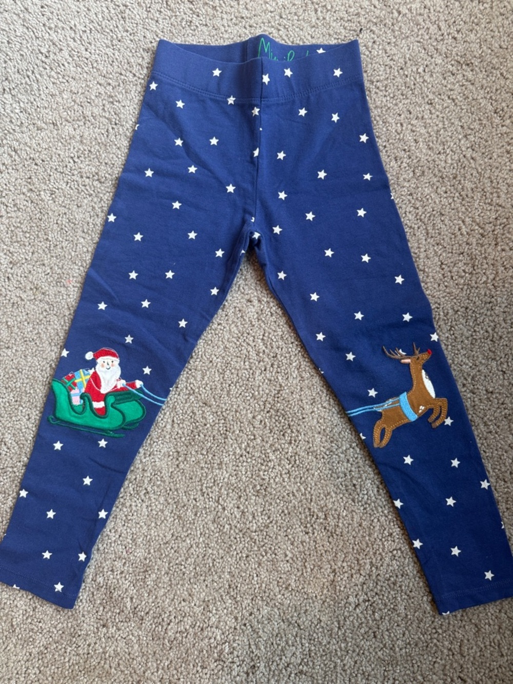 Mini Boden Navy Star Leggings with Santa in Green Sleigh and Brown Reindeer